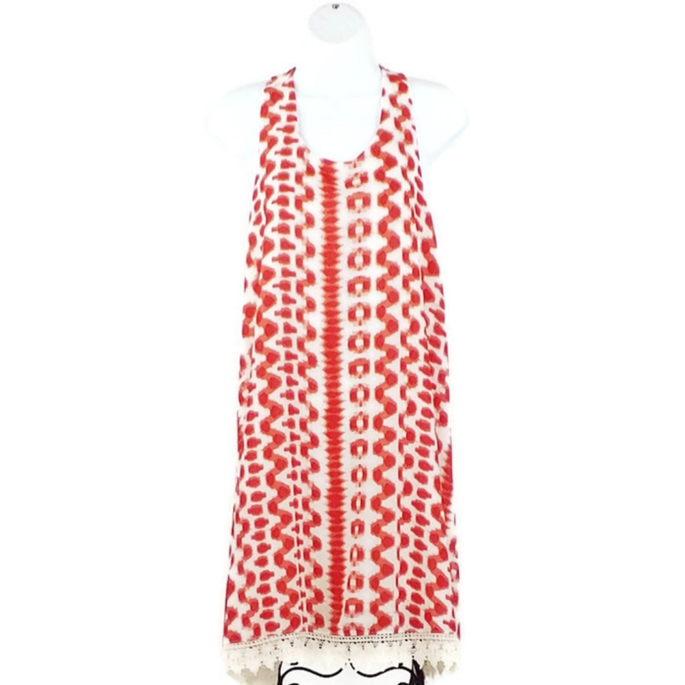 Everleigh Coral Pink White Vertical Print Lace Trimmed Trapeze Dress Medium